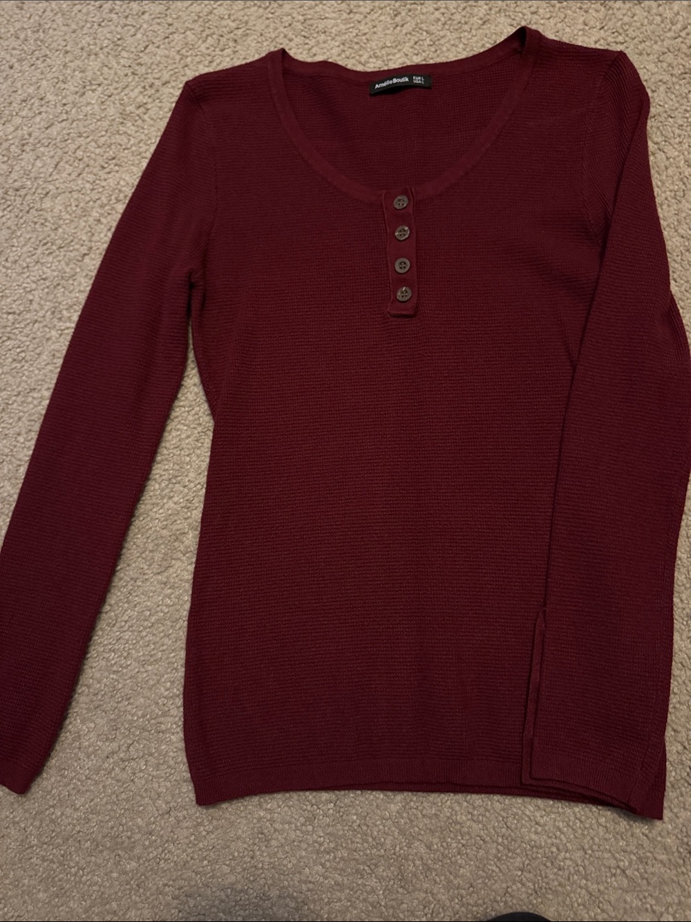 AmelieBoutik Women's Burgundy Henley Long Sleeve Waffle Shirt